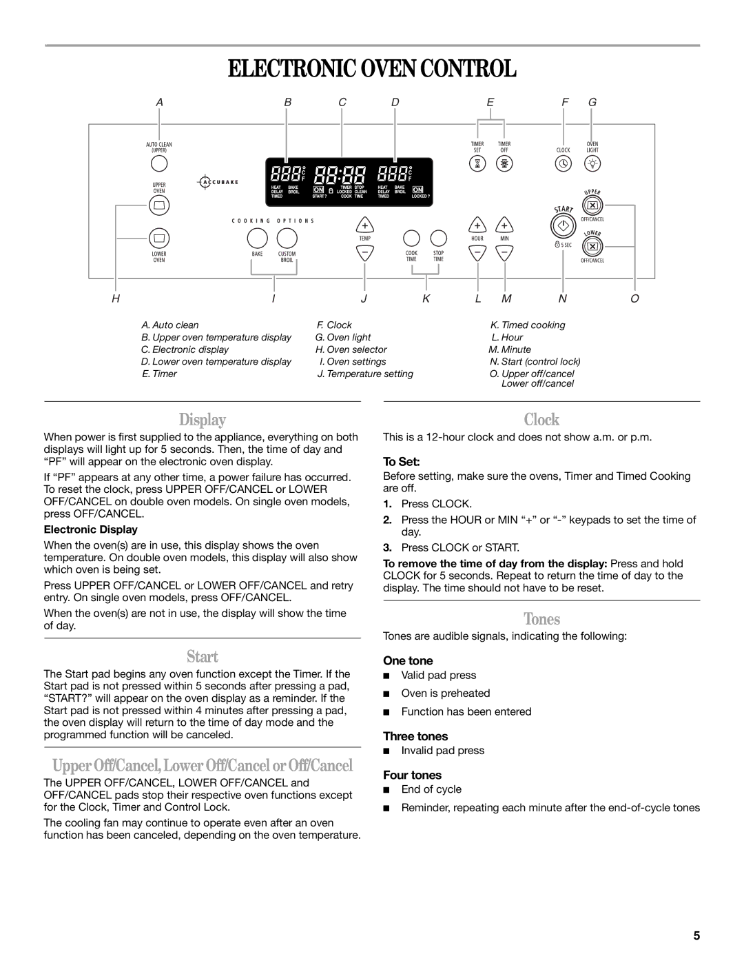 Whirlpool RBS245PRQ, RBS245PRB manual Electronic Oven Control, Display, Start, Clock, Tones 