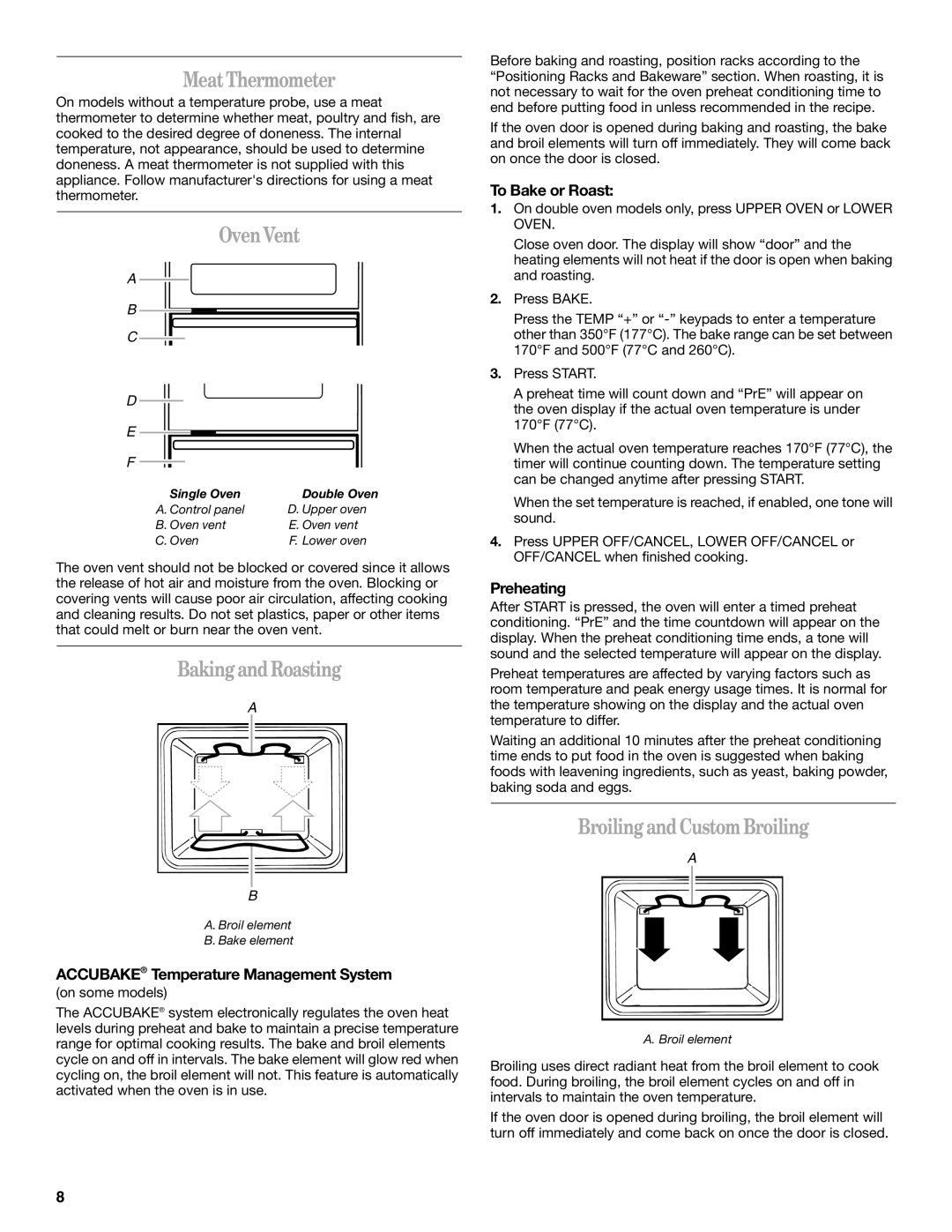 Whirlpool RBS245PRB, RBS245PRQ manual Meat Thermometer, Oven Vent, Baking and Roasting, Broiling and Custom Broiling 