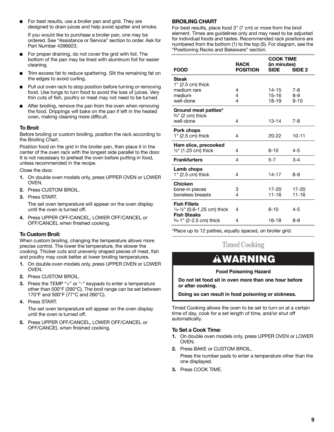 Whirlpool RBS245PRQ, RBS245PRB manual Timed Cooking, To Broil, To Custom Broil, Broiling Chart, To Set a Cook Time 