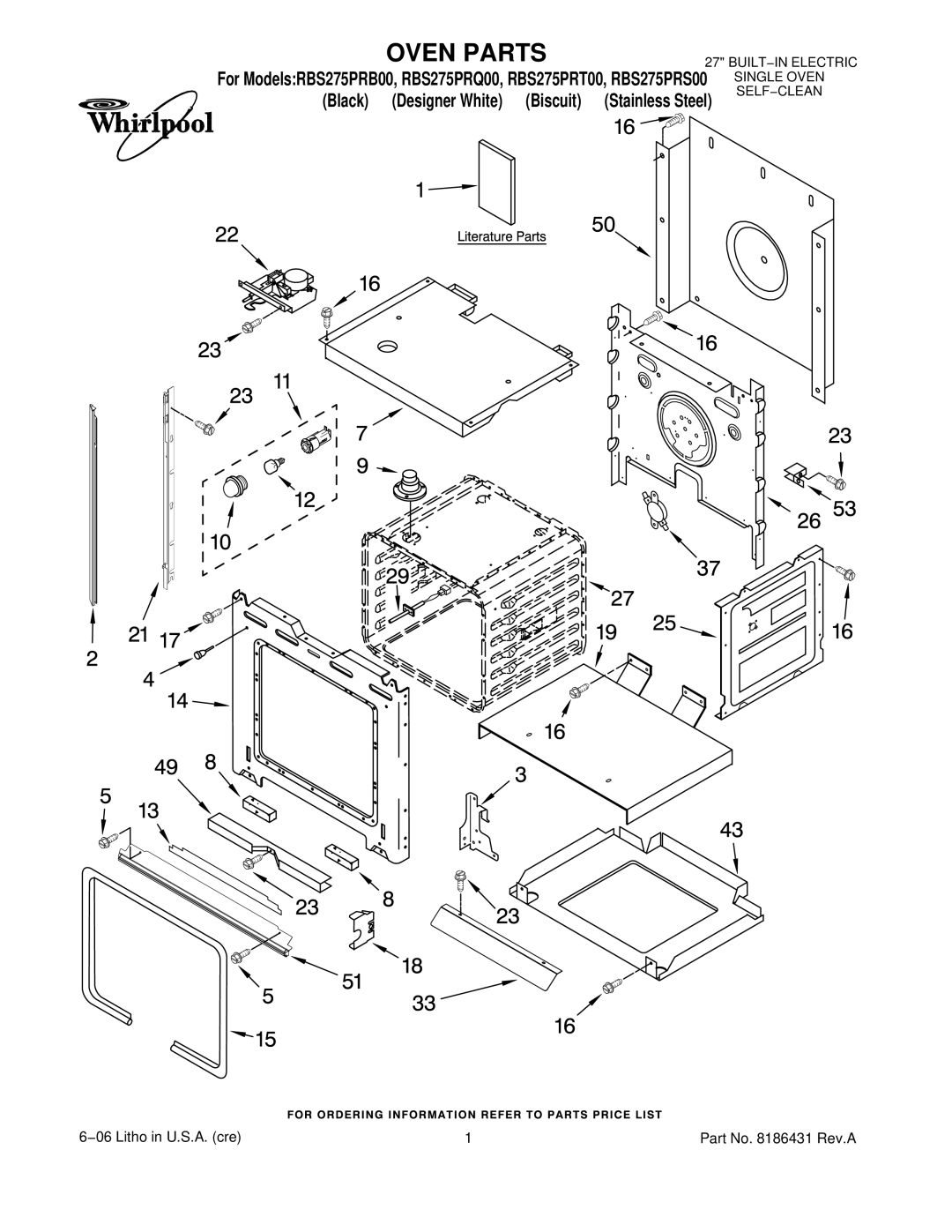 Whirlpool RBS275PRS00, RBS275PRT00, RBS275PRQ00, RBS275PRB00 manual Oven Parts 