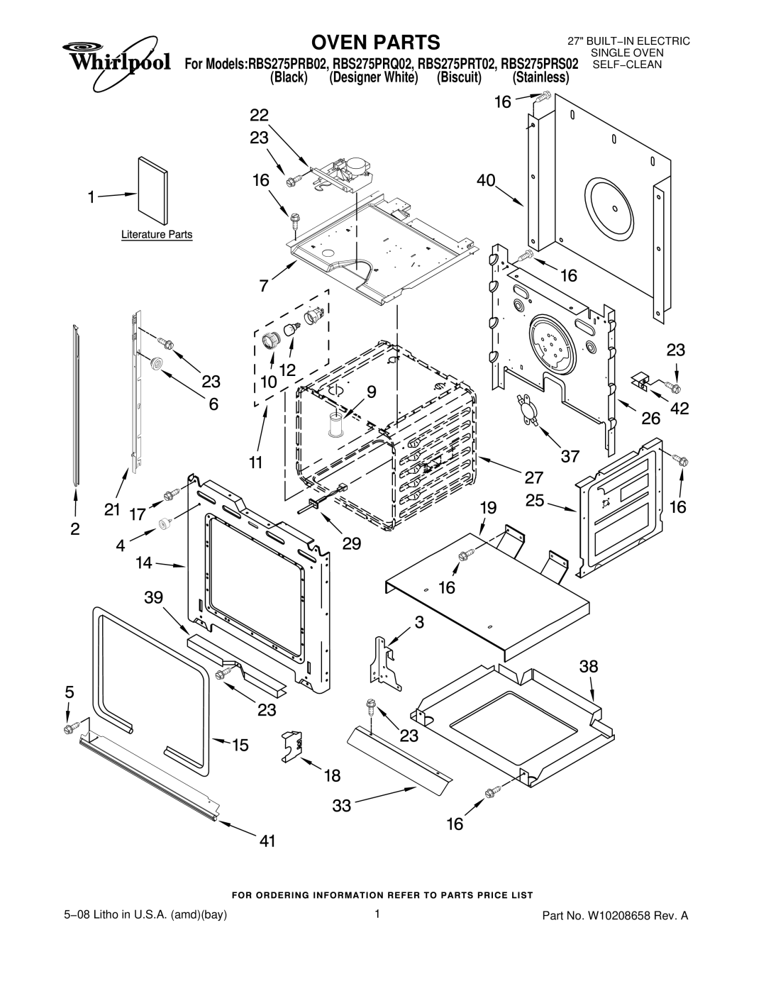 Whirlpool RBS275PRQ02, RBS275PRT02, RBS275PRB02, RBS275PRS02 manual Oven Parts 