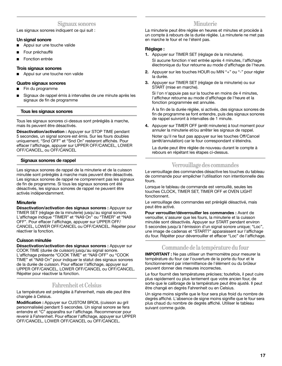 Whirlpool RBS275PV manual Signauxsonores, FahrenheitetCelsius, Minuterie, Verrouillagedes commandes 