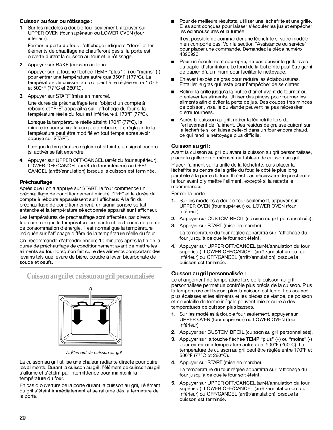 Whirlpool RBS275PV Cuissonaugriletcuissonaugril personnalisée, Cuisson au four ou rôtissage, Préchauffage, Cuisson au gril 