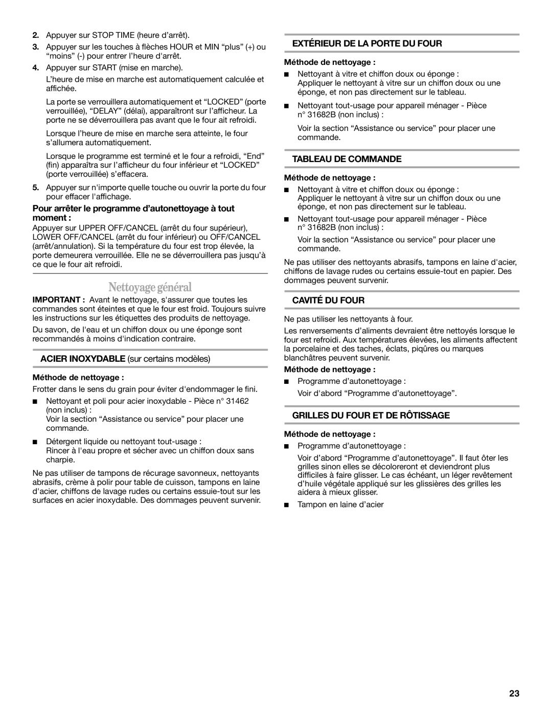 Whirlpool RBS275PV manual Nettoyagegénéral, Extérieur DE LA Porte DU Four, Tableau DE Commande, Cavité DU Four 