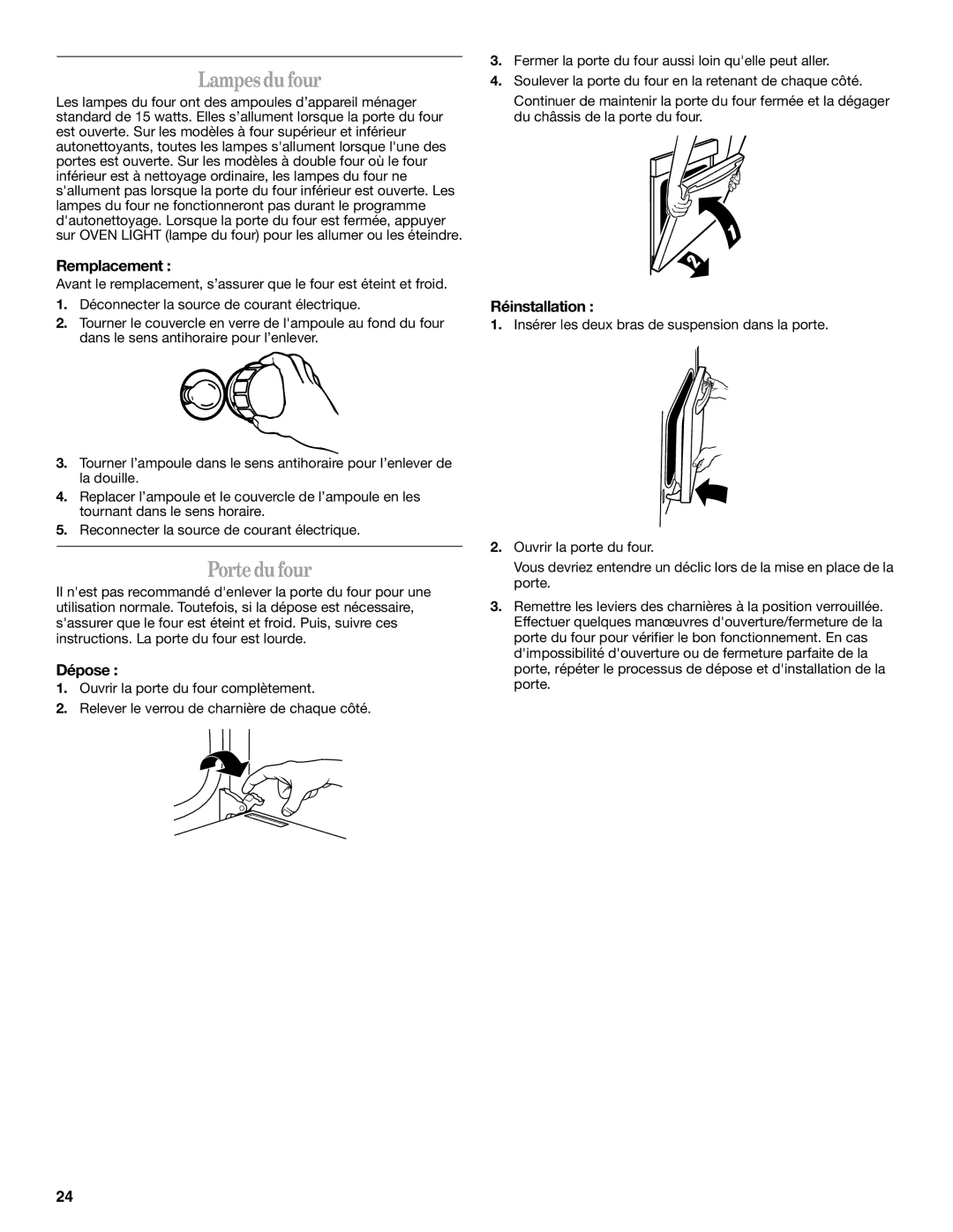 Whirlpool RBS275PV manual Lampesdufour, Portedufour, Remplacement, Dépose, Réinstallation 