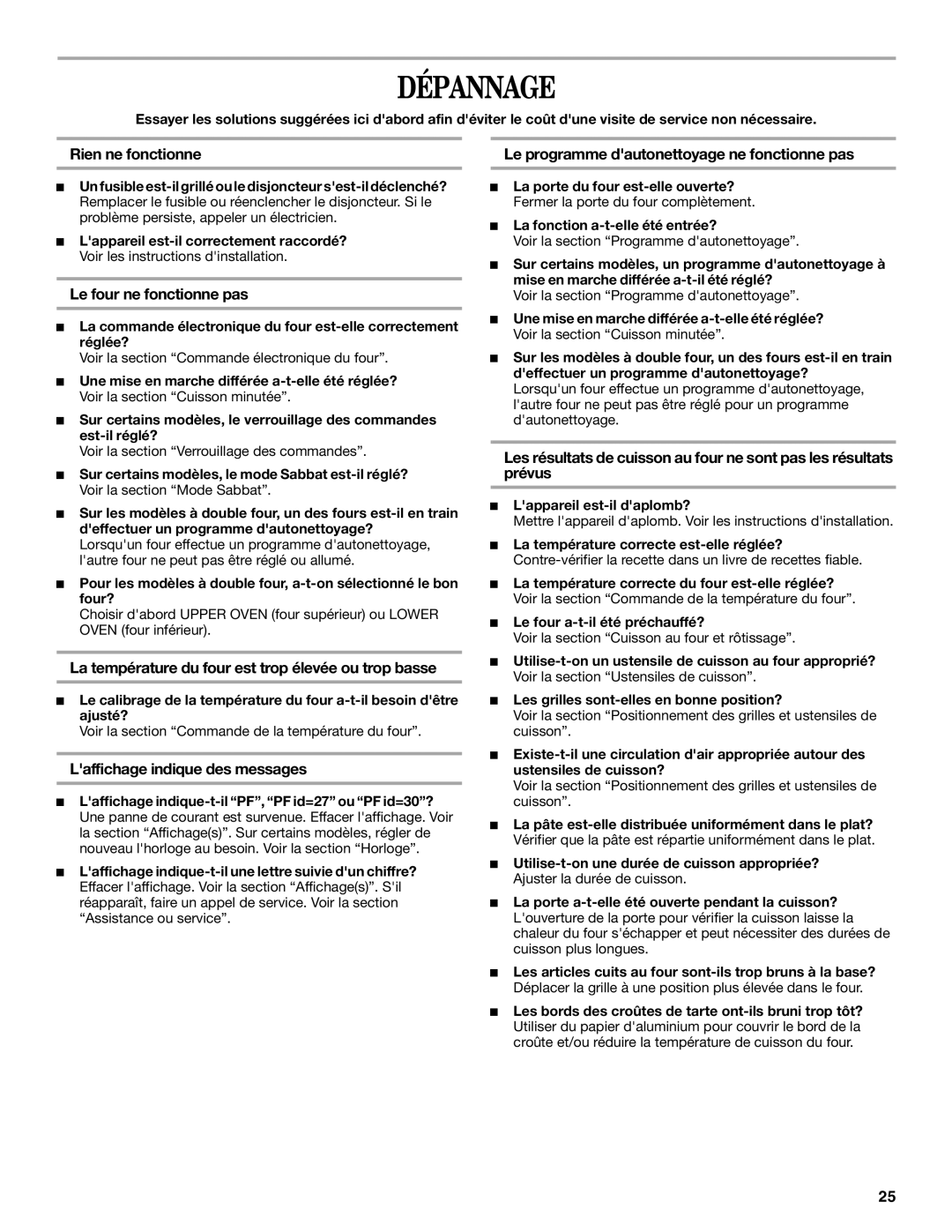 Whirlpool RBS275PV manual Dépannage 