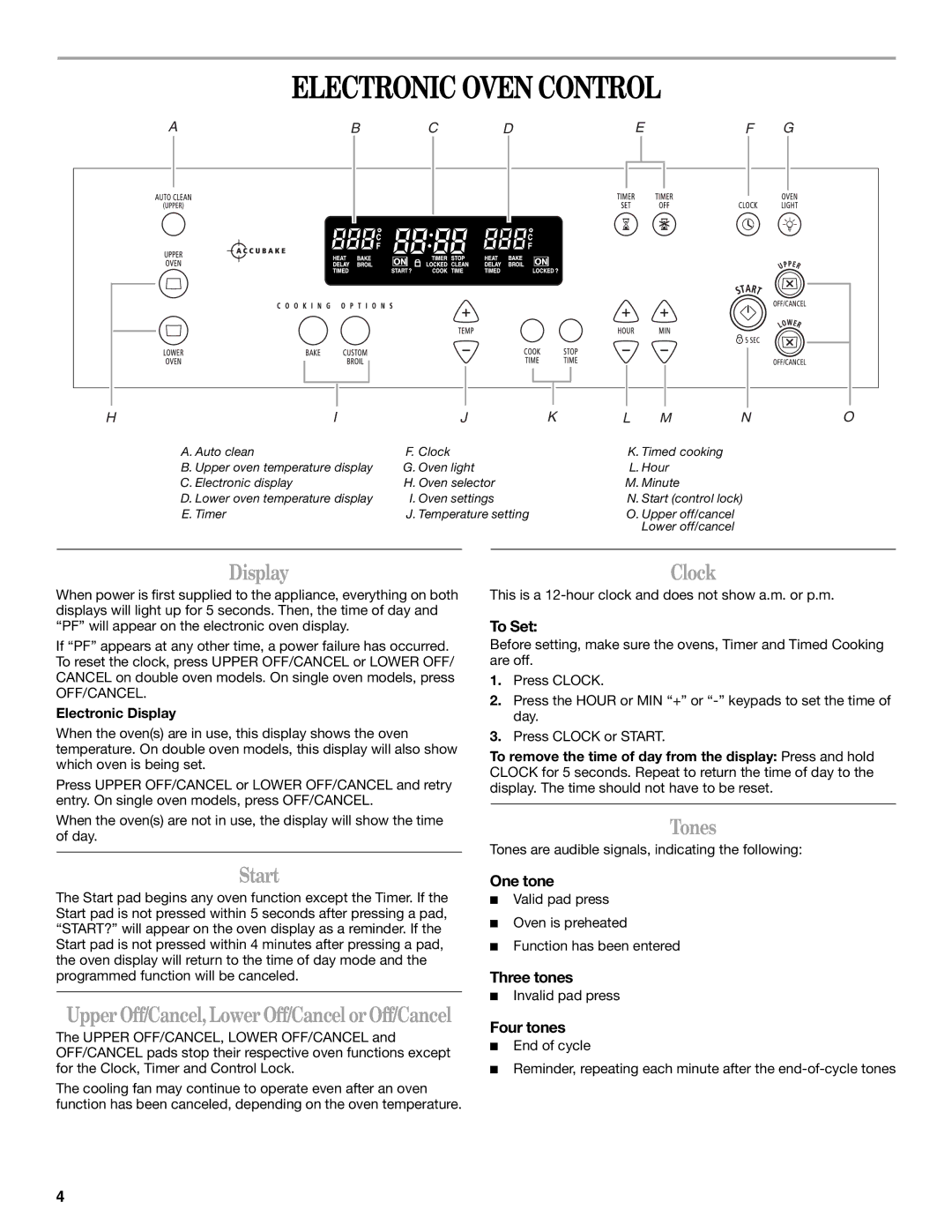 Whirlpool RBS275PV manual Electronic Oven Control, Display, Start, Clock, Tones 