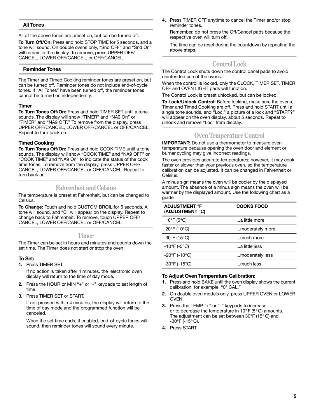 Whirlpool RBS275PV manual FahrenheitandCelsius, Timer, ControlLock, OvenTemperatureControl 