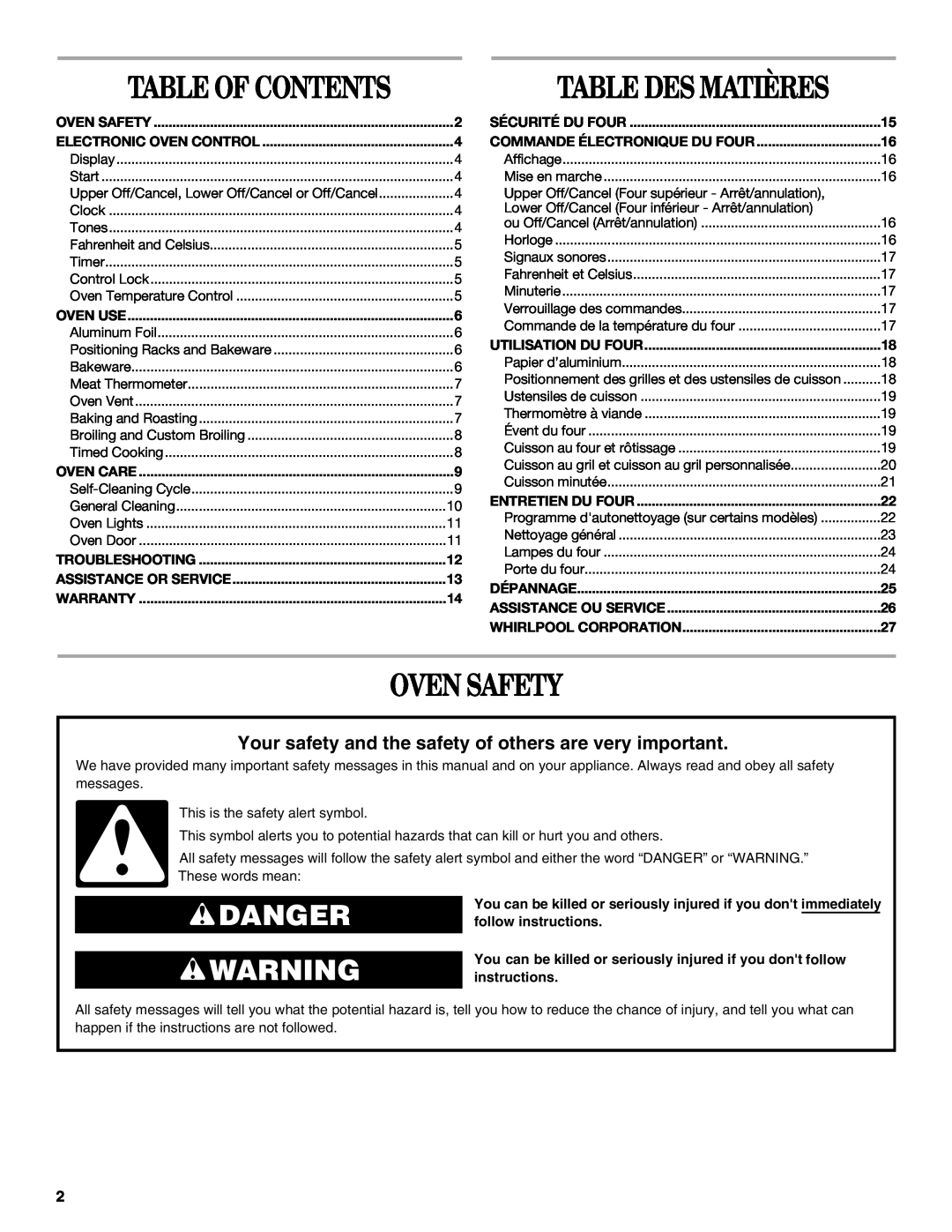 Whirlpool RBS275PV manual Oven Safety, Danger, Table Of Contents, Table Des Matières 