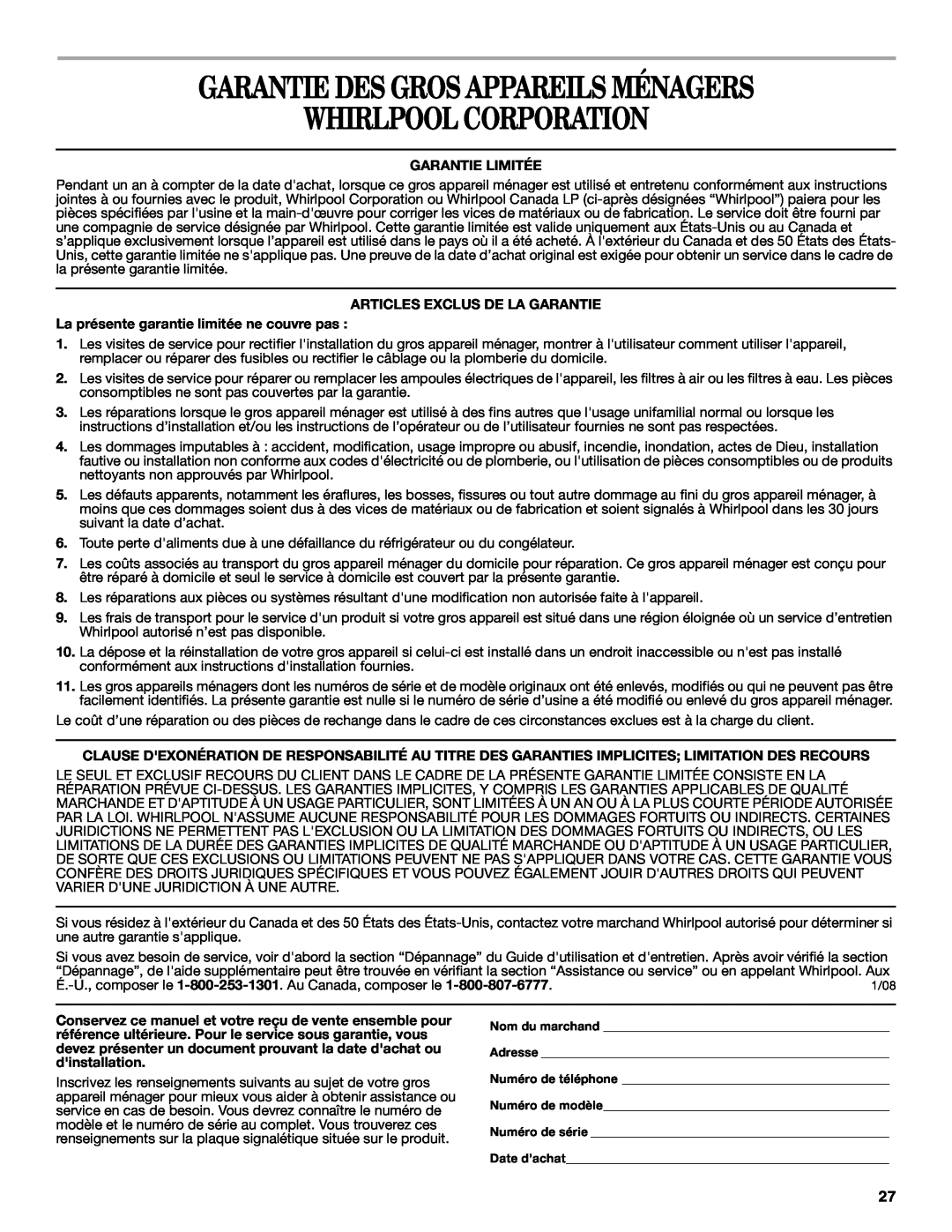 Whirlpool RBS275PV manual Garantie Des Gros Appareils Ménagers, Whirlpool Corporation, Garantie Limitée 