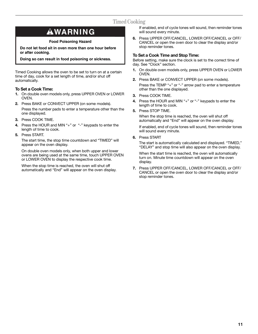 Whirlpool RBS307, RBS277, RBD307, RBD277 manual TimedCooking, To Set a Cook Time and Stop Time 