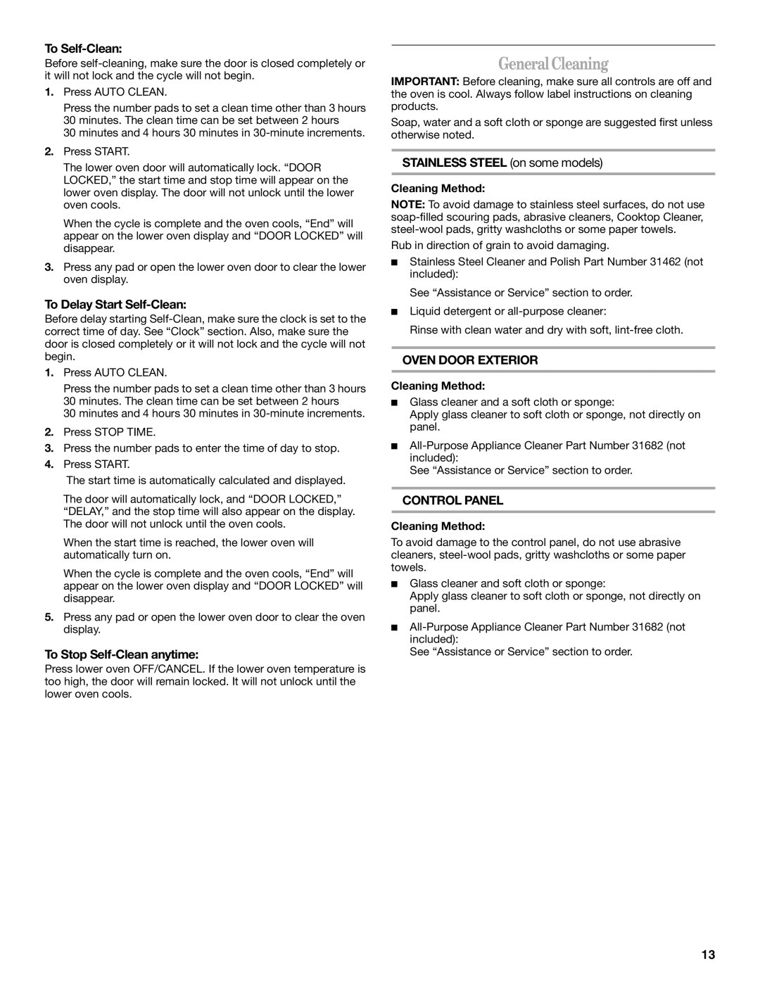Whirlpool RBD307, RBS277, RBD277, RBS307 manual GeneralCleaning, Oven Door Exterior, Control Panel 