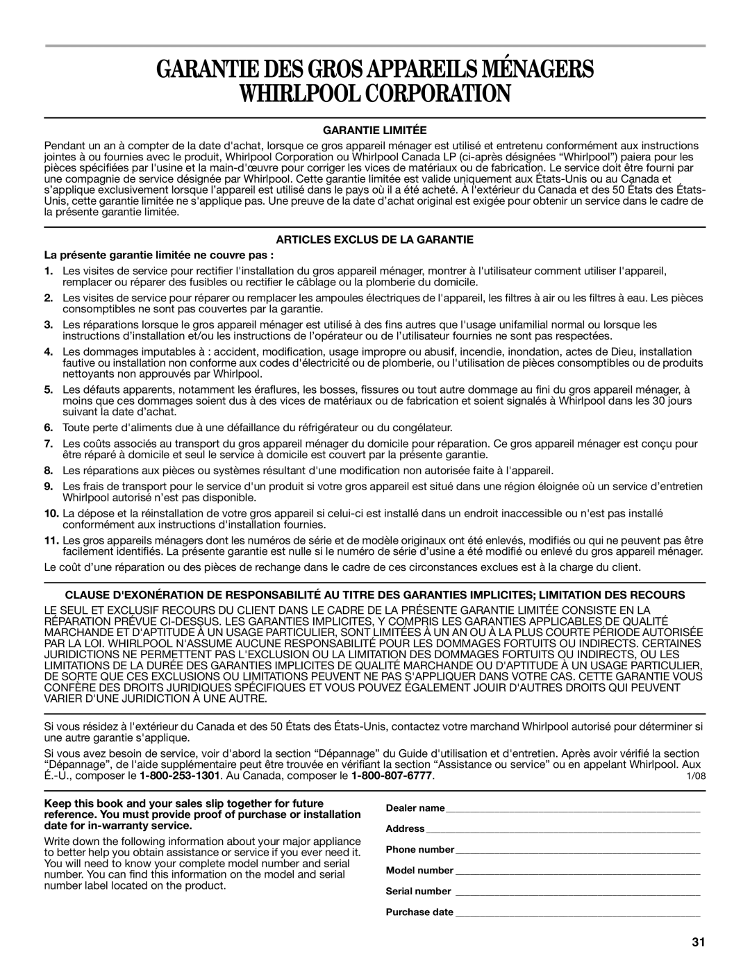 Whirlpool RBS307, RBS277, RBD307, RBD277 manual Garantie DES Gros Appareils Ménagers Whirlpool Corporation, Garantie Limitée 