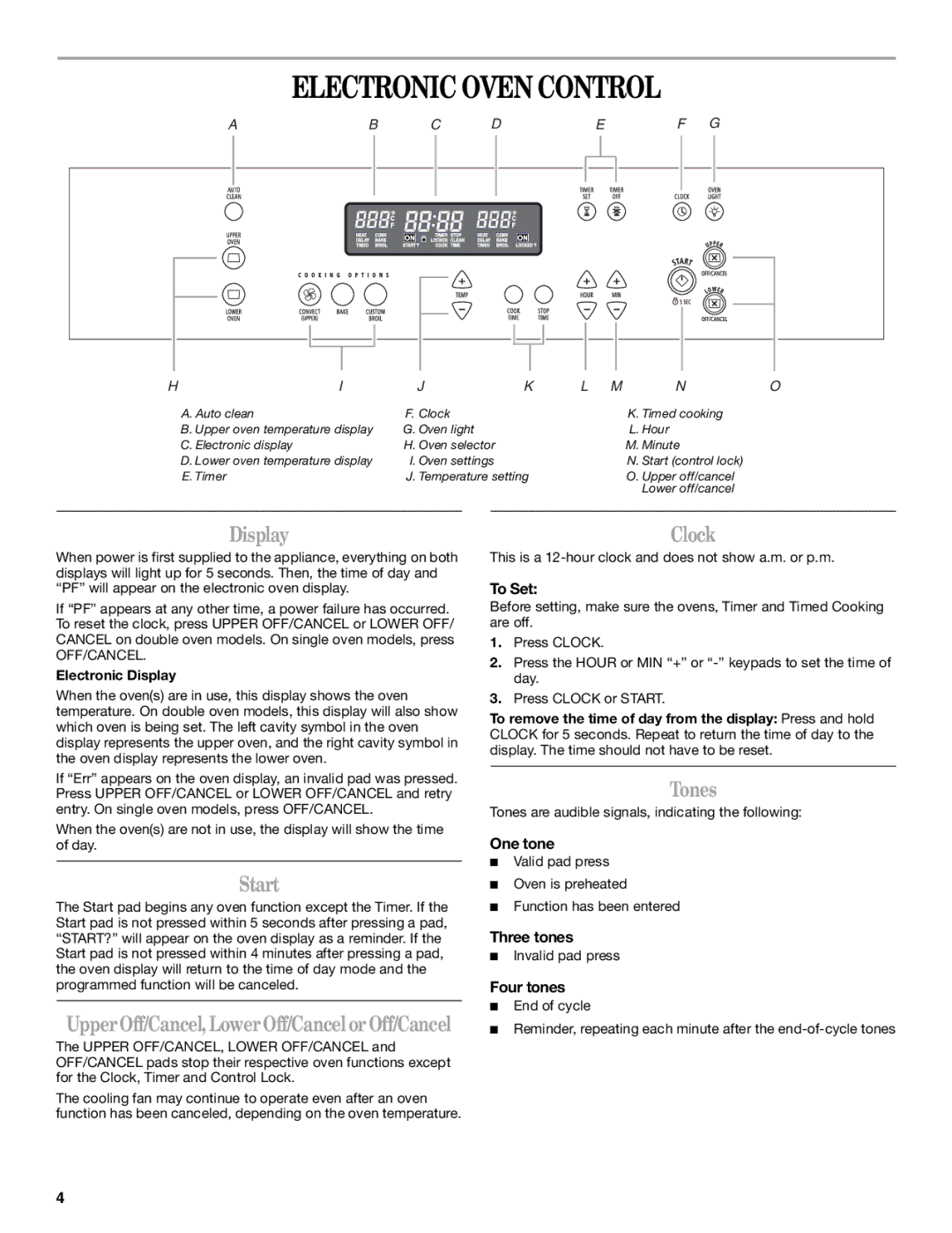 Whirlpool RBS277, RBD307, RBD277, RBS307 manual Electronic Oven Control, Display, Start, Clock, Tones 