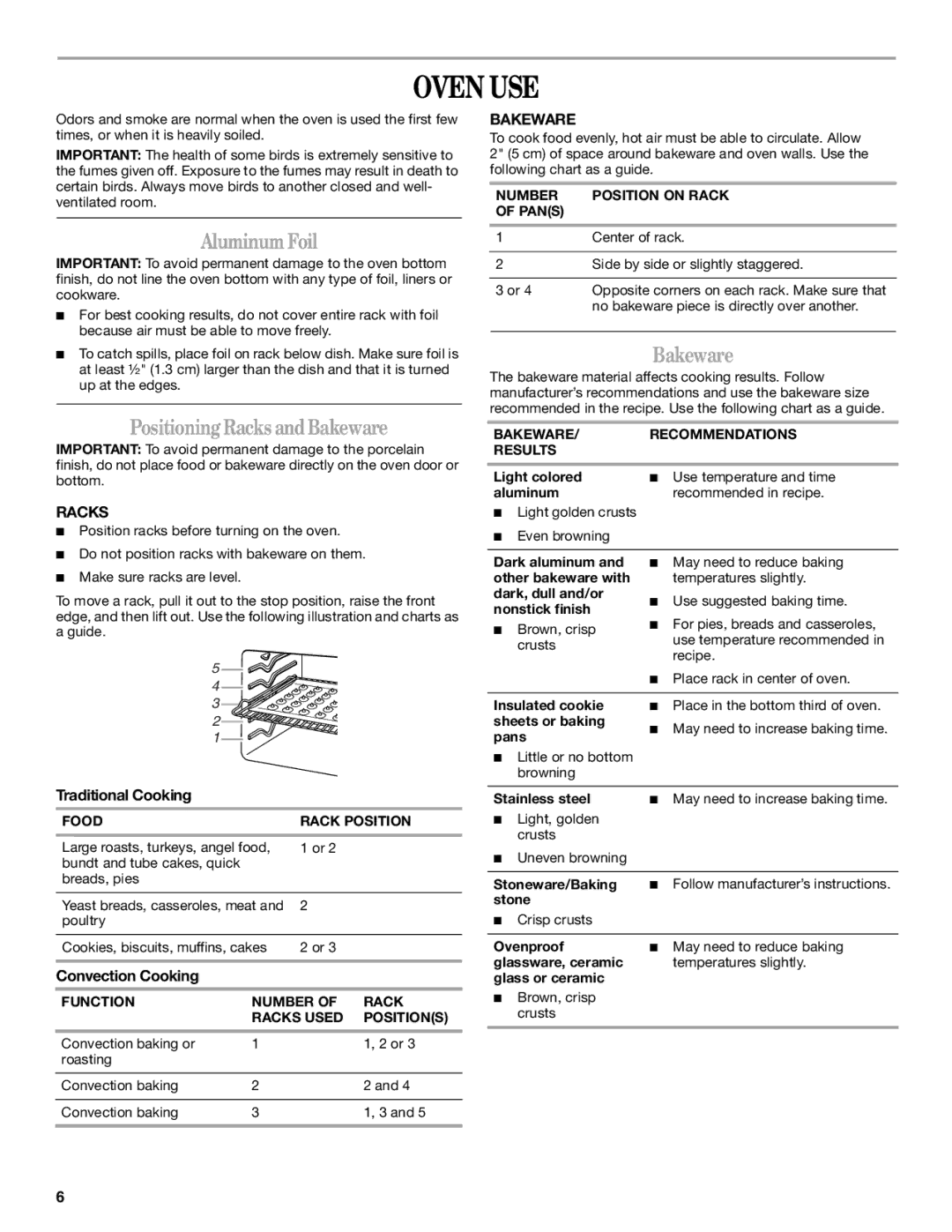 Whirlpool RBD277, RBS277, RBD307, RBS307 manual Oven USE, AluminumFoil, Positioning RacksandBakeware 