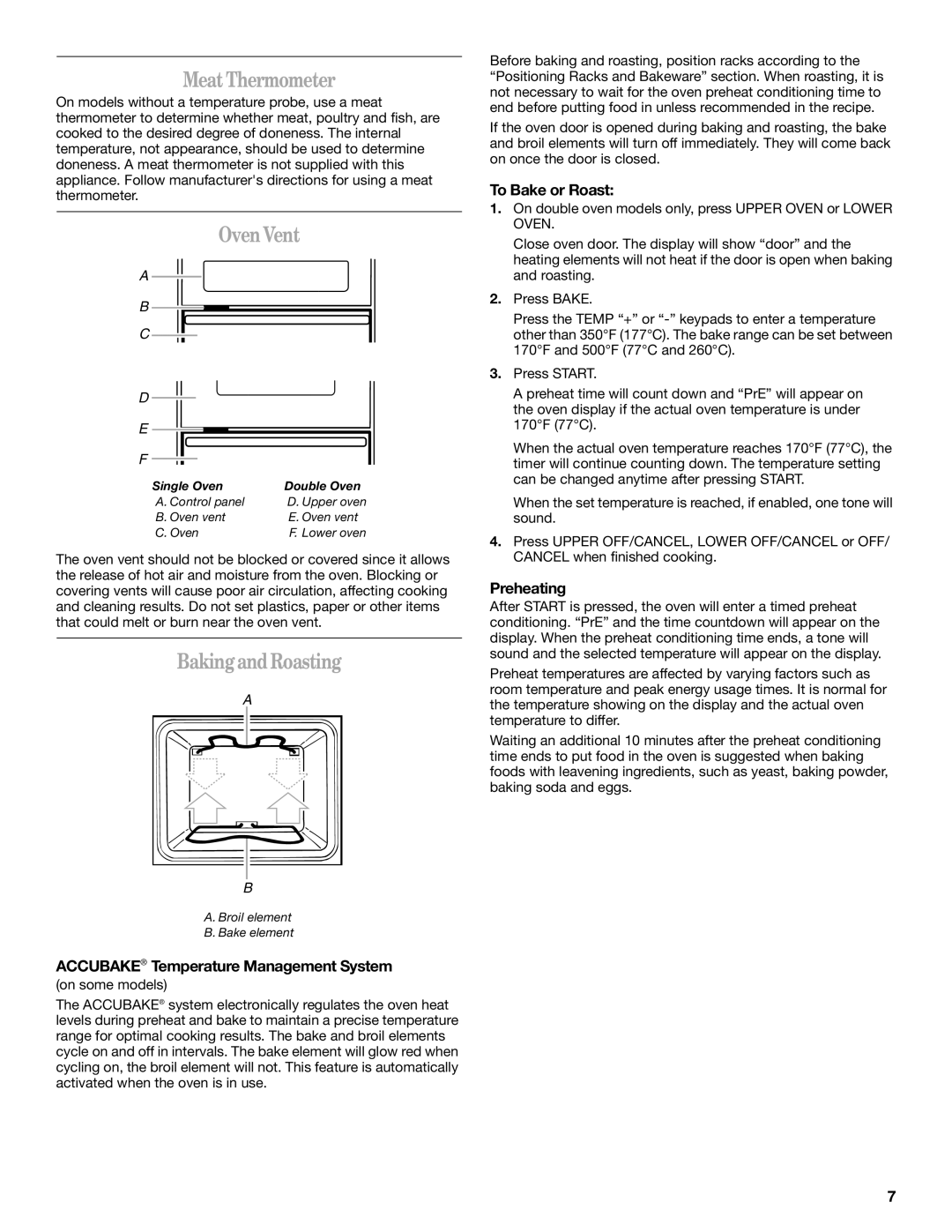 Whirlpool RBS307, RBS277, RBD307, RBD277 manual MeatThermometer, OvenVent, BakingandRoasting 