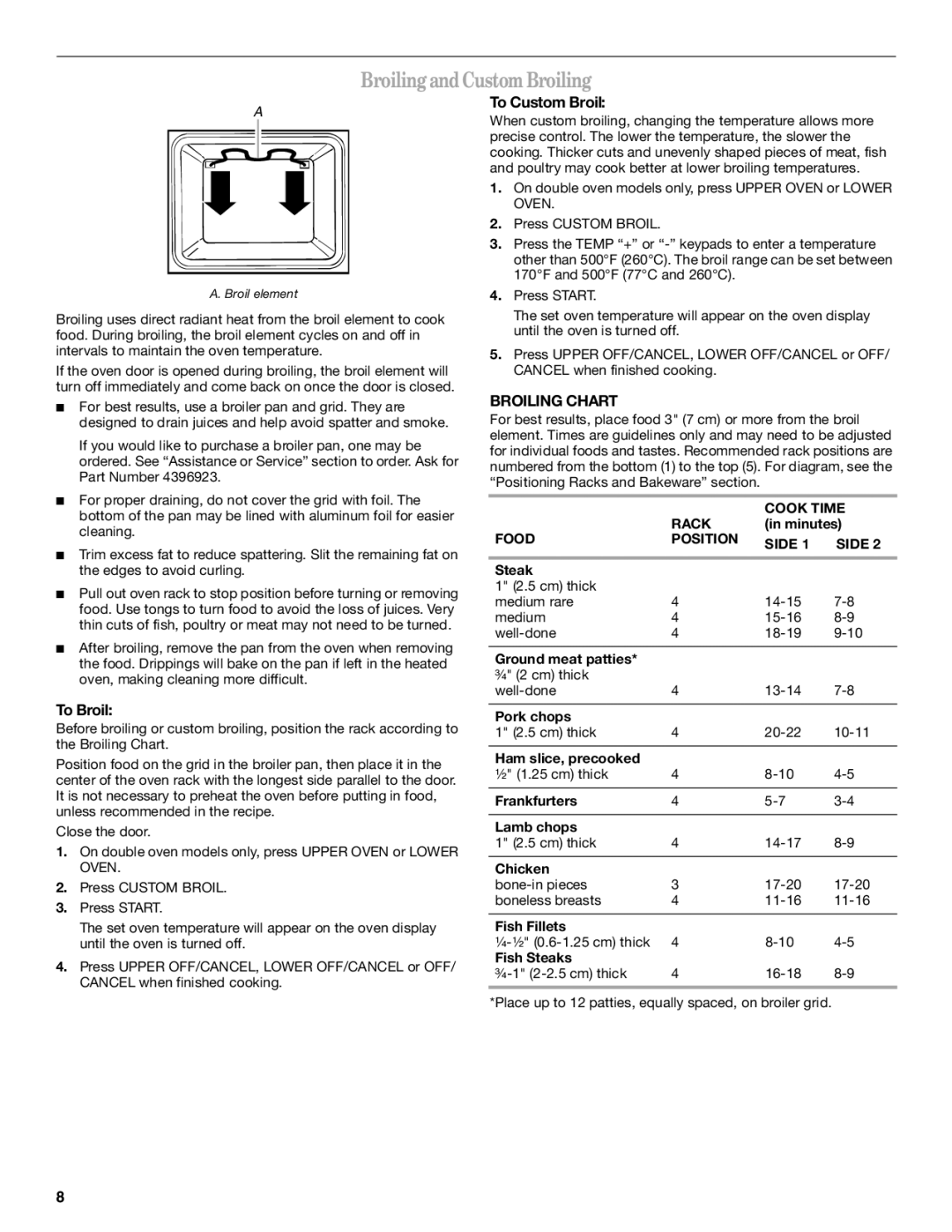 Whirlpool RBS277, RBD307, RBD277, RBS307 manual BroilingandCustomBroiling, To Custom Broil, To Broil, Broiling Chart 