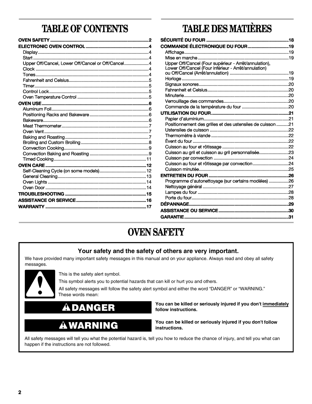 Whirlpool RBD277, RBS277 Oven Safety, Danger, Your safety and the safety of others are very important, Table Of Contents 