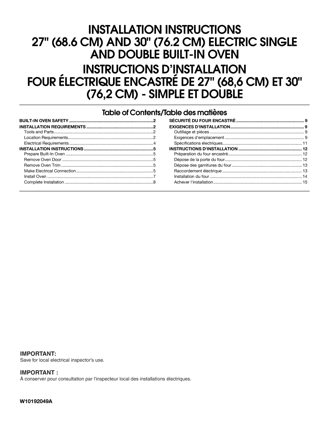 Whirlpool RBS277PV installation instructions 76,2 CM Simple ET Double, Four Électrique Encastré DE 27 68,6 CM ET 