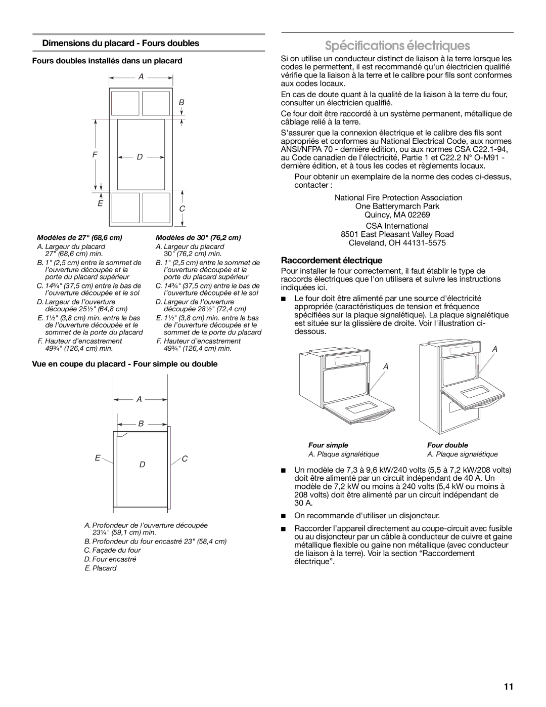 Whirlpool RBS277PV Spécifications électriques, Dimensions du placard Fours doubles, Raccordement électrique 