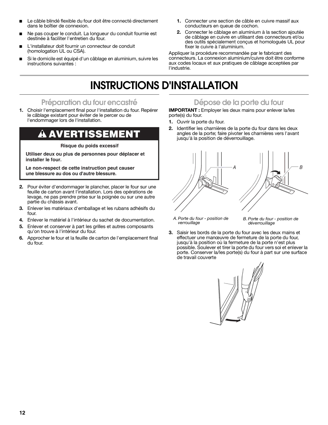 Whirlpool RBS277PV Instructions Dinstallation, Préparation du four encastré, Dépose de la porte du four 