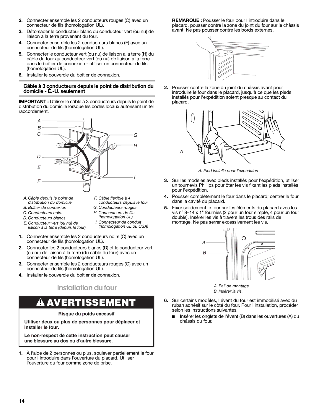 Whirlpool RBS277PV installation instructions Installation du four 