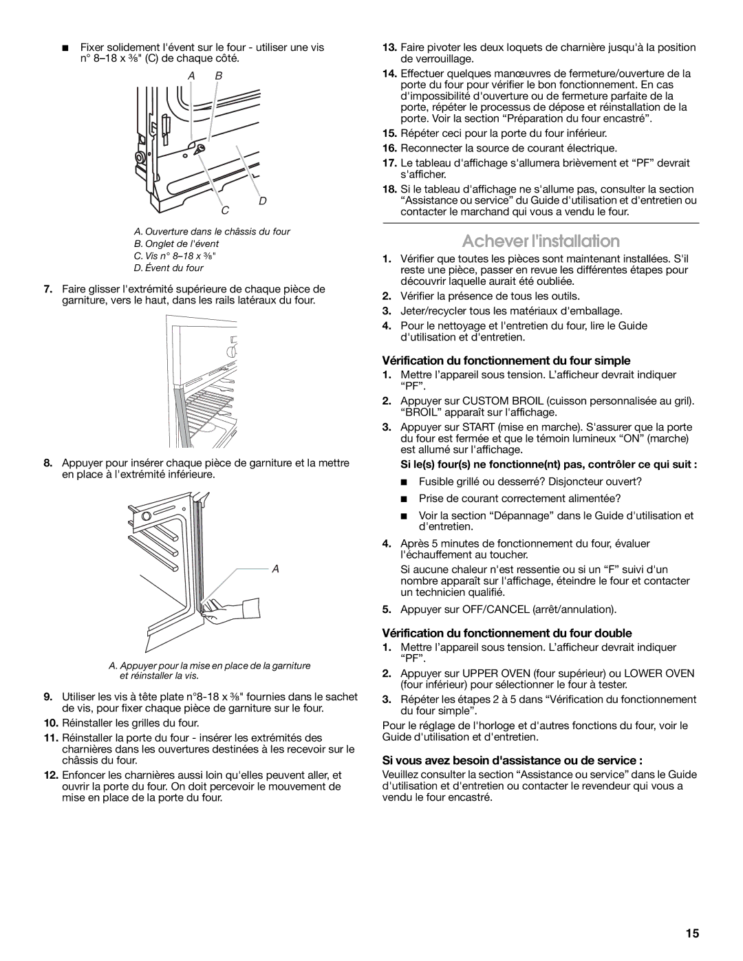 Whirlpool RBS277PV installation instructions Achever linstallation, Vérification du fonctionnement du four simple 