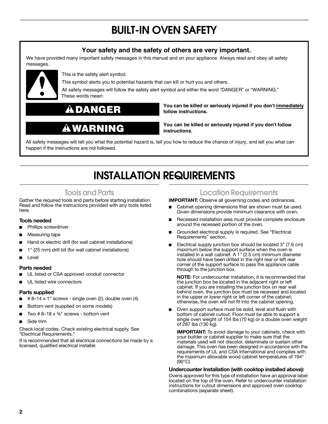 Whirlpool RBS277PV BUILT-IN Oven Safety, Installation Requirements, Tools and Parts, Location Requirements 