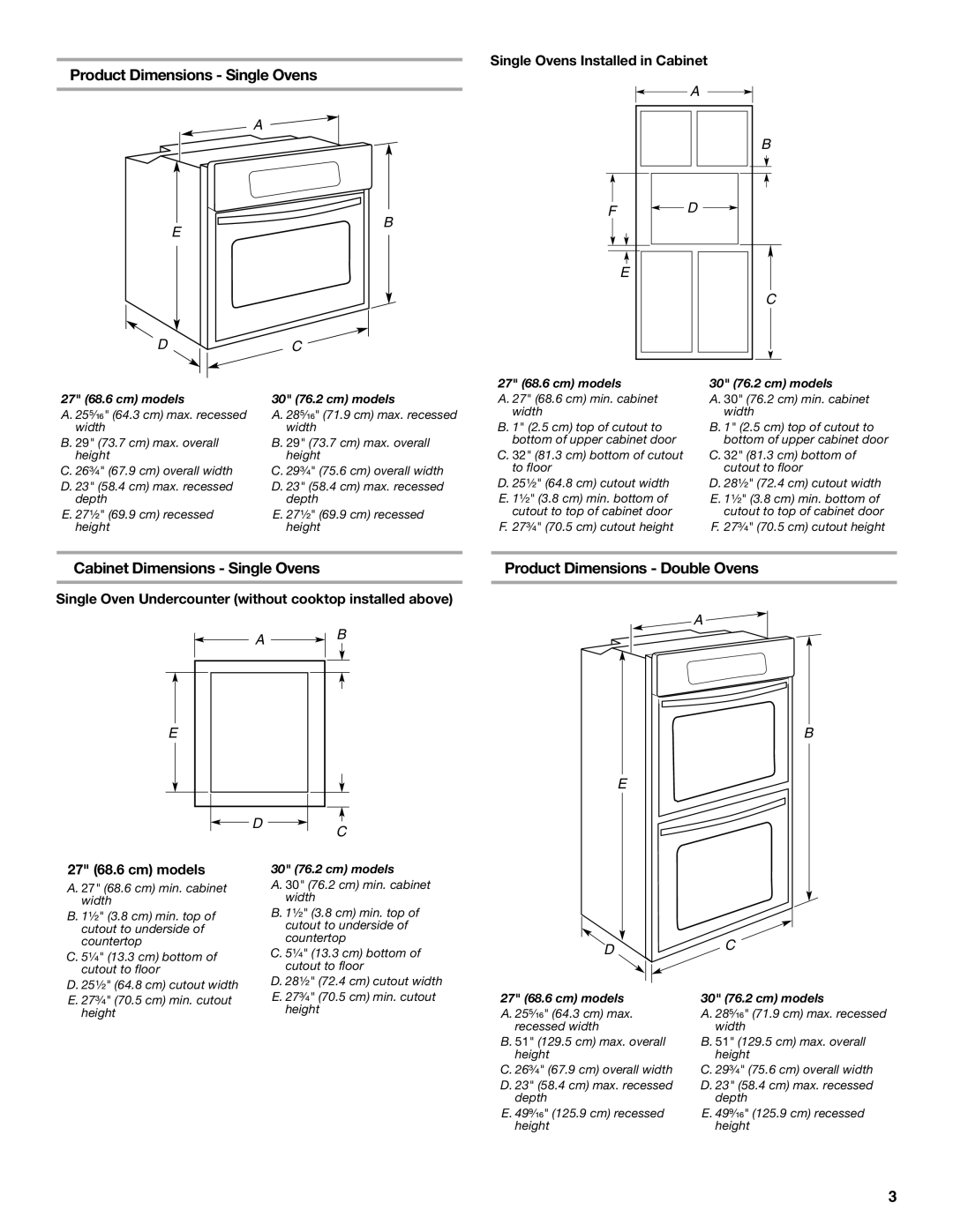 Whirlpool RBS277PV Product Dimensions Single Ovens, Cabinet Dimensions Single Ovens, Product Dimensions Double Ovens 