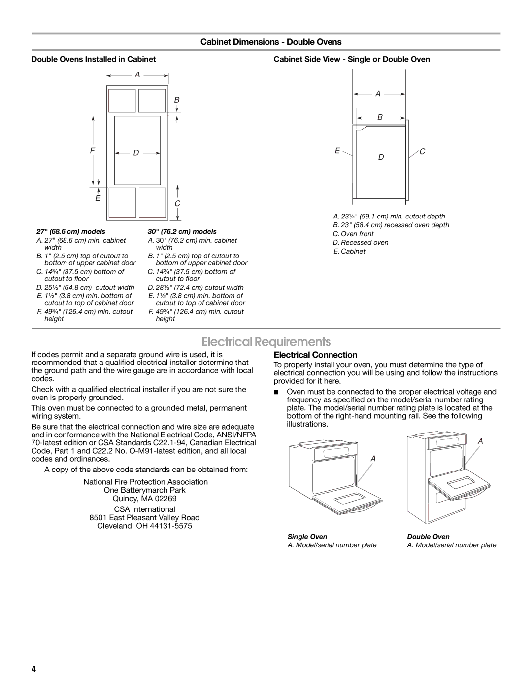 Whirlpool RBS277PV Electrical Requirements, Cabinet Dimensions Double Ovens, Electrical Connection 