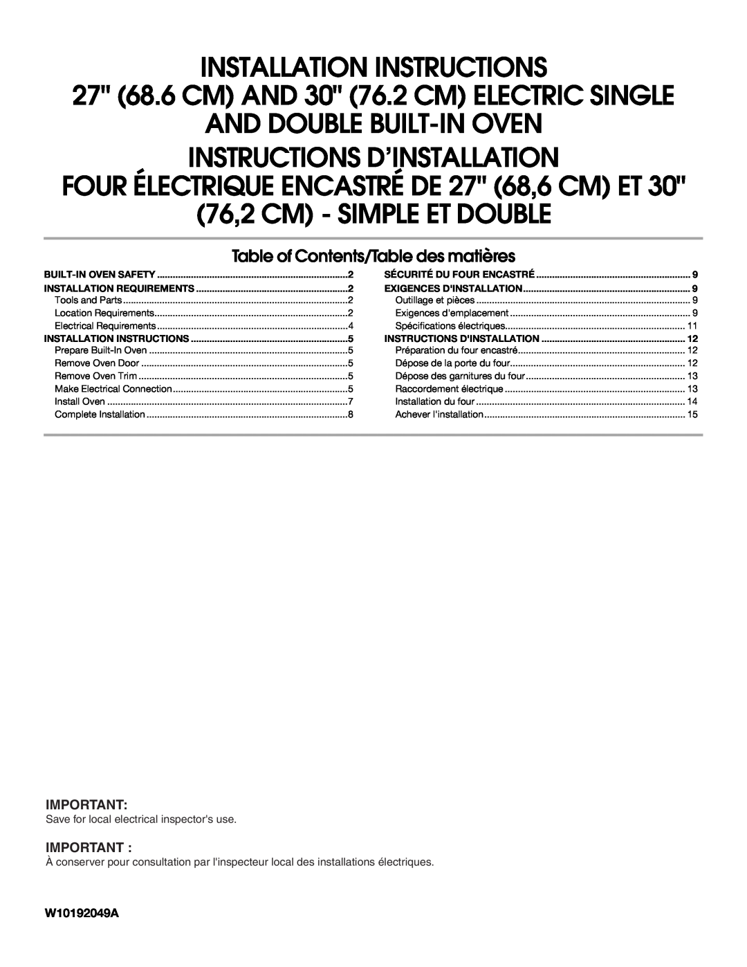 Whirlpool RBS277PV installation instructions FOUR ÉLECTRIQUE ENCASTRÉ DE 27 68,6 CM ET, W10192049A 