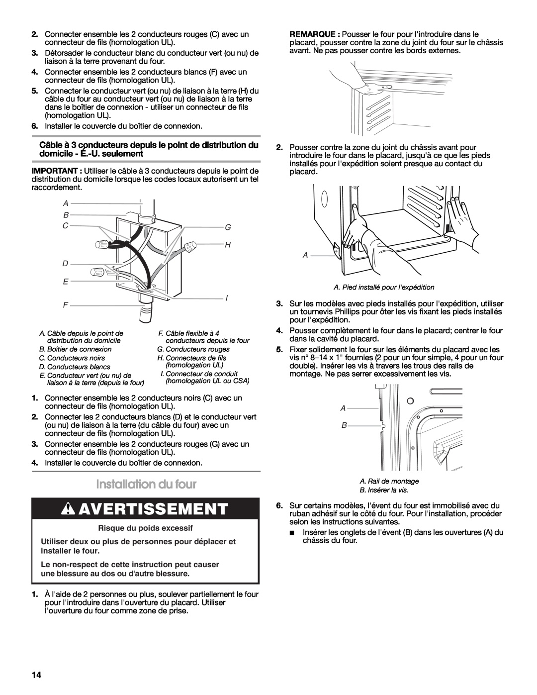 Whirlpool RBS277PV installation instructions Installation du four, Avertissement 