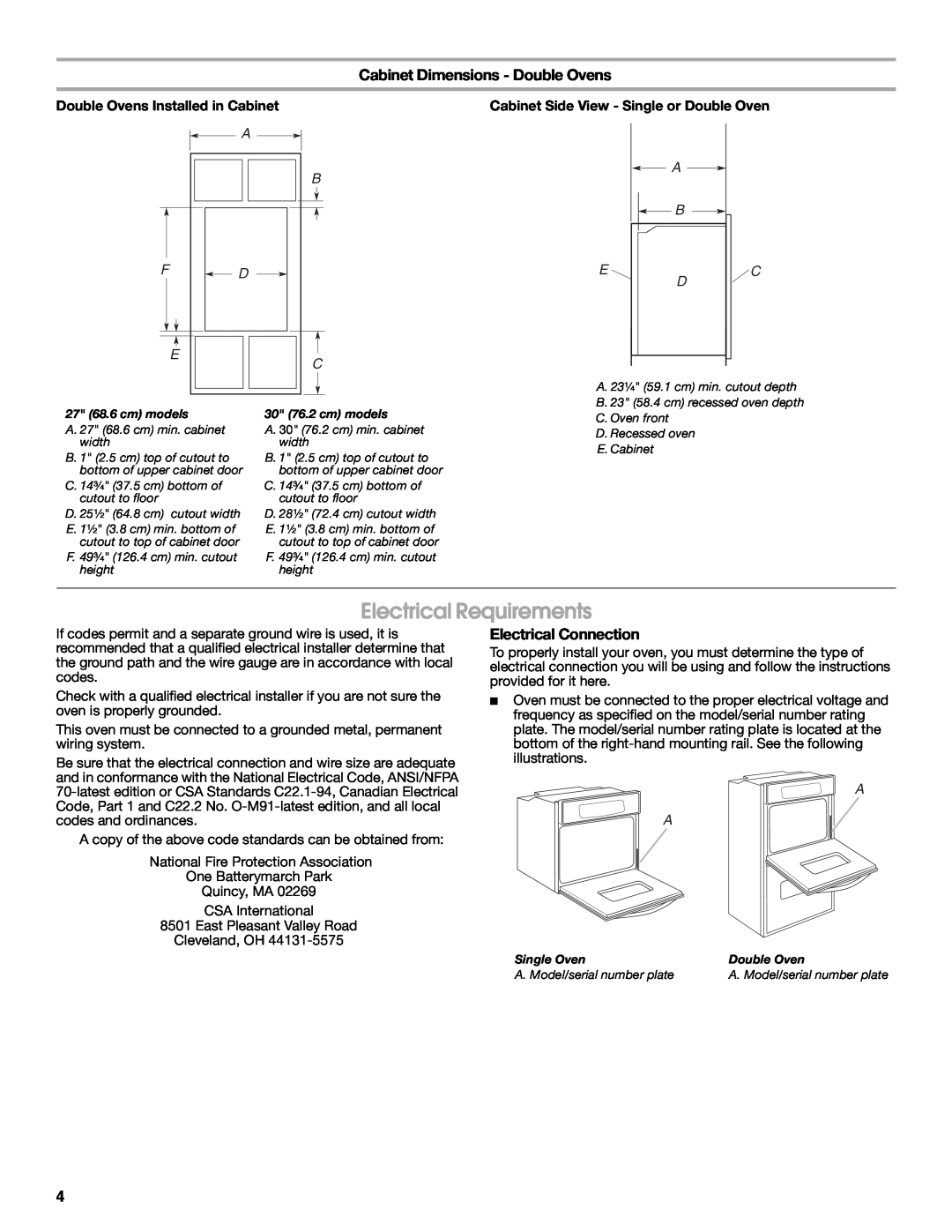 Whirlpool RBS277PV Electrical Requirements, Cabinet Dimensions - Double Ovens, Electrical Connection 