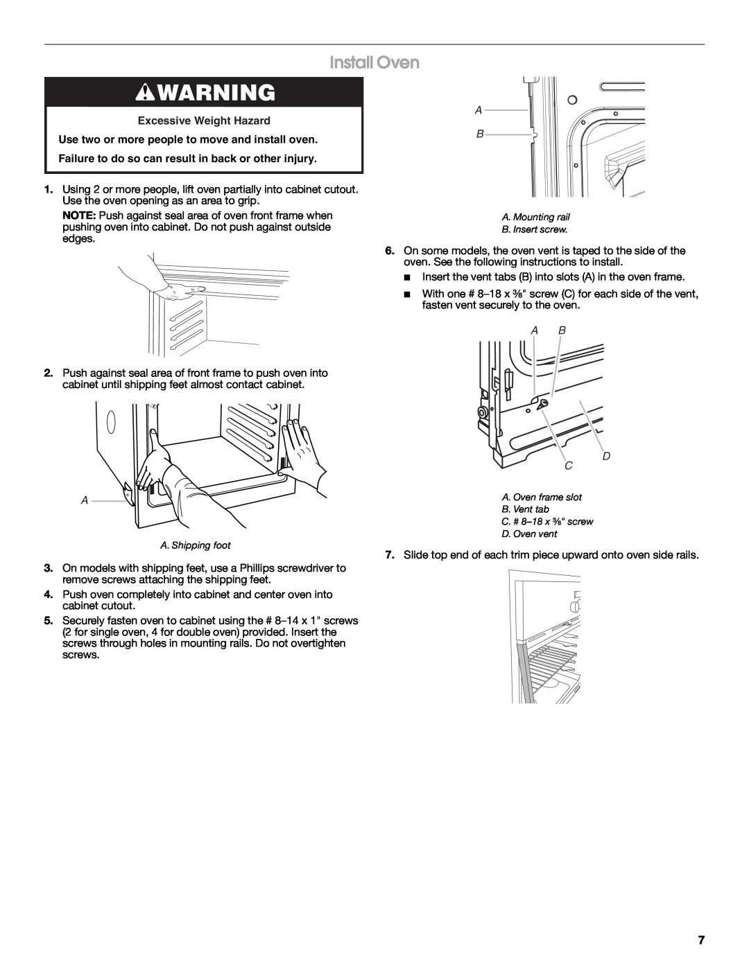 Whirlpool RBS277PV installation instructions Install Oven, A B D C 
