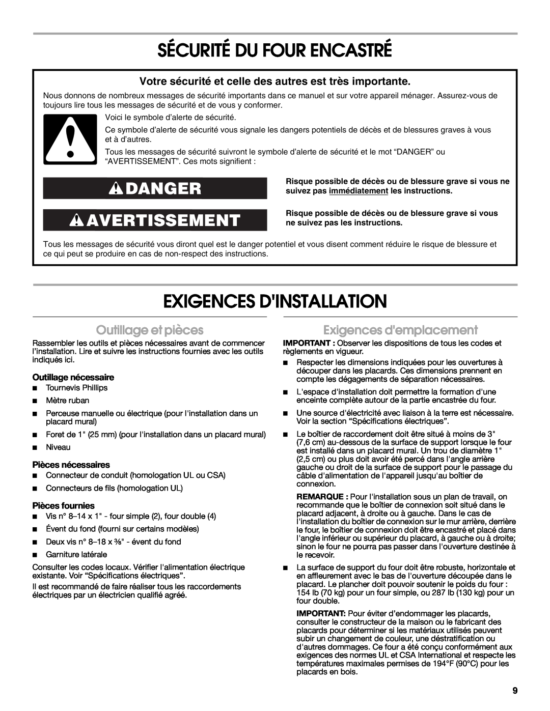 Whirlpool RBS277PV Sécurité Du Four Encastré, Exigences Dinstallation, Danger Avertissement, Outillage et pièces 
