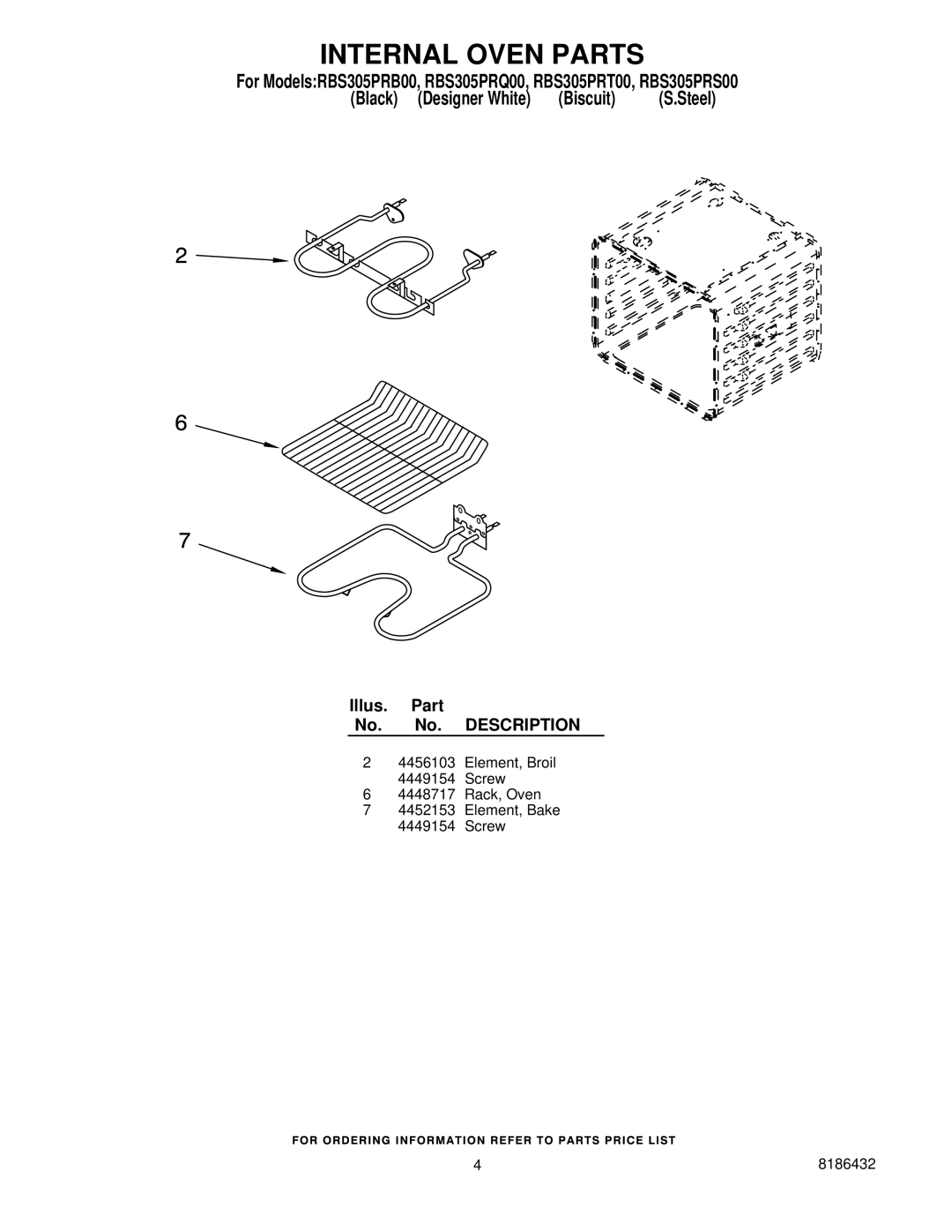 Whirlpool RBS305PRT00, RBS305PRB00, RBS305PRS00, RBS305PRQ00 manual Internal Oven Parts 