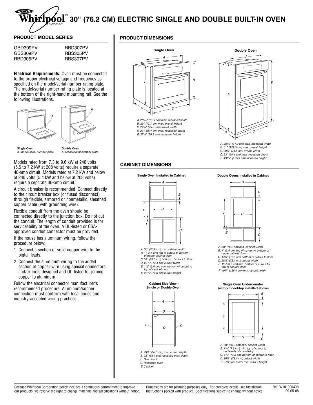 Whirlpool RBD305PV dimensions 30 76.2 CM Electric Single and Double BUILT-IN Oven, Product Model Series Product Dimensions 