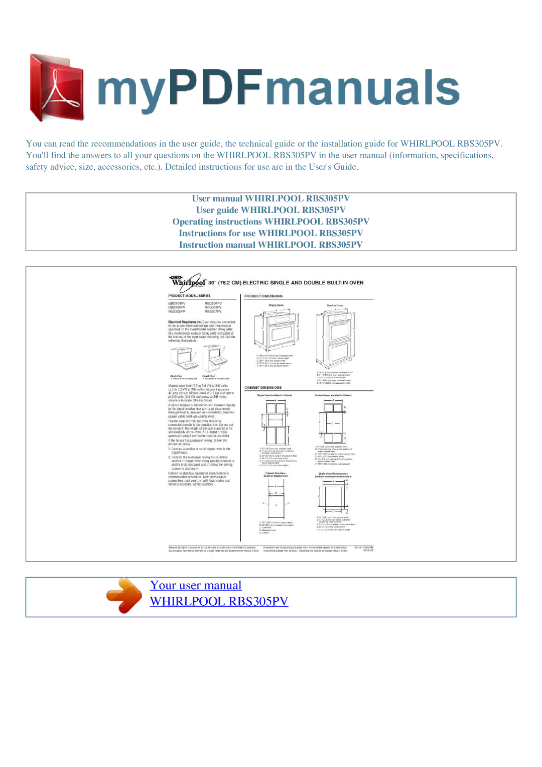 Whirlpool user manual Whirlpool RBS305PV 