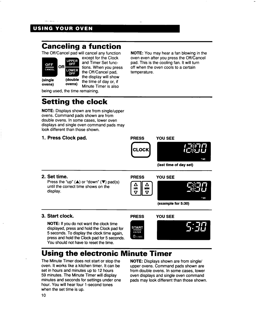 Whirlpool RBD307PD, RBS307PD, RBS277PD, RBD277PD Canceling a function, Setting the clock, Using the electronic Minute Timer 