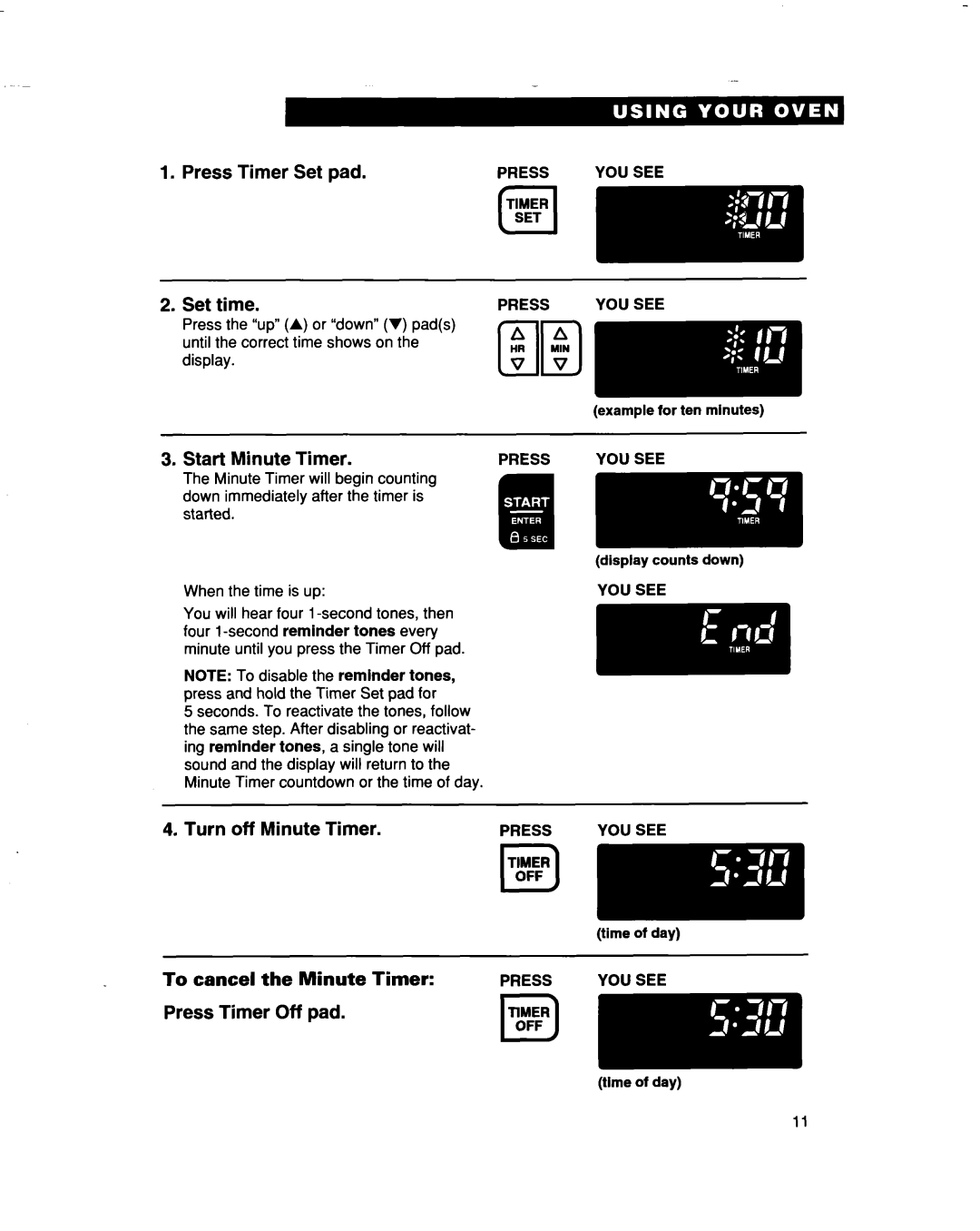 Whirlpool RBD277PD, RBS307PD Press Timer Set pad Set time, Start Minute Timer, Turn off Minute Timer, Press Timer Off pad 