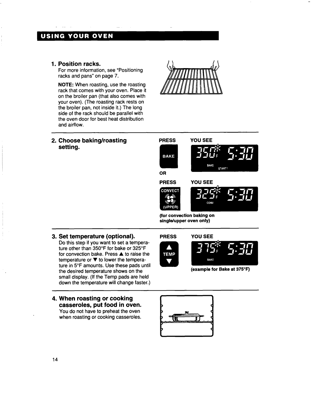 Whirlpool RBD307PD, RBS307PD, RBS277PD, RBD277PD Position racks, Choose baking/roasting setting, Set temperature optional 