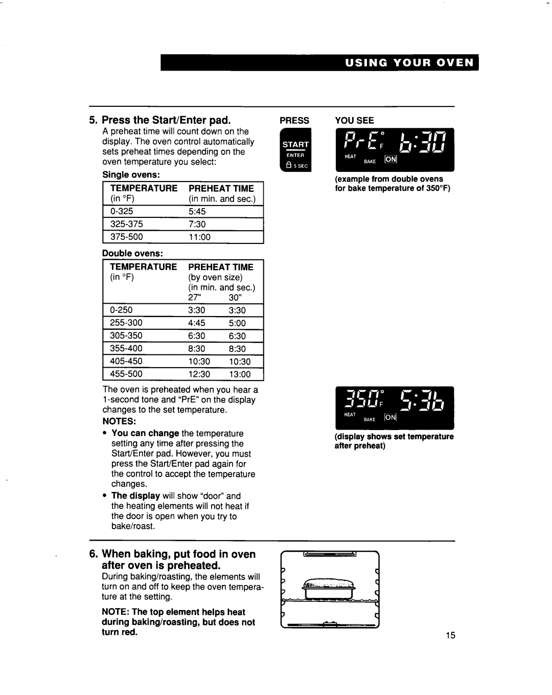 Whirlpool RBD277PD, RBS307PD, RBS277PD Press the Start/Enter pad, When baking, put food in oven after oven is preheated 