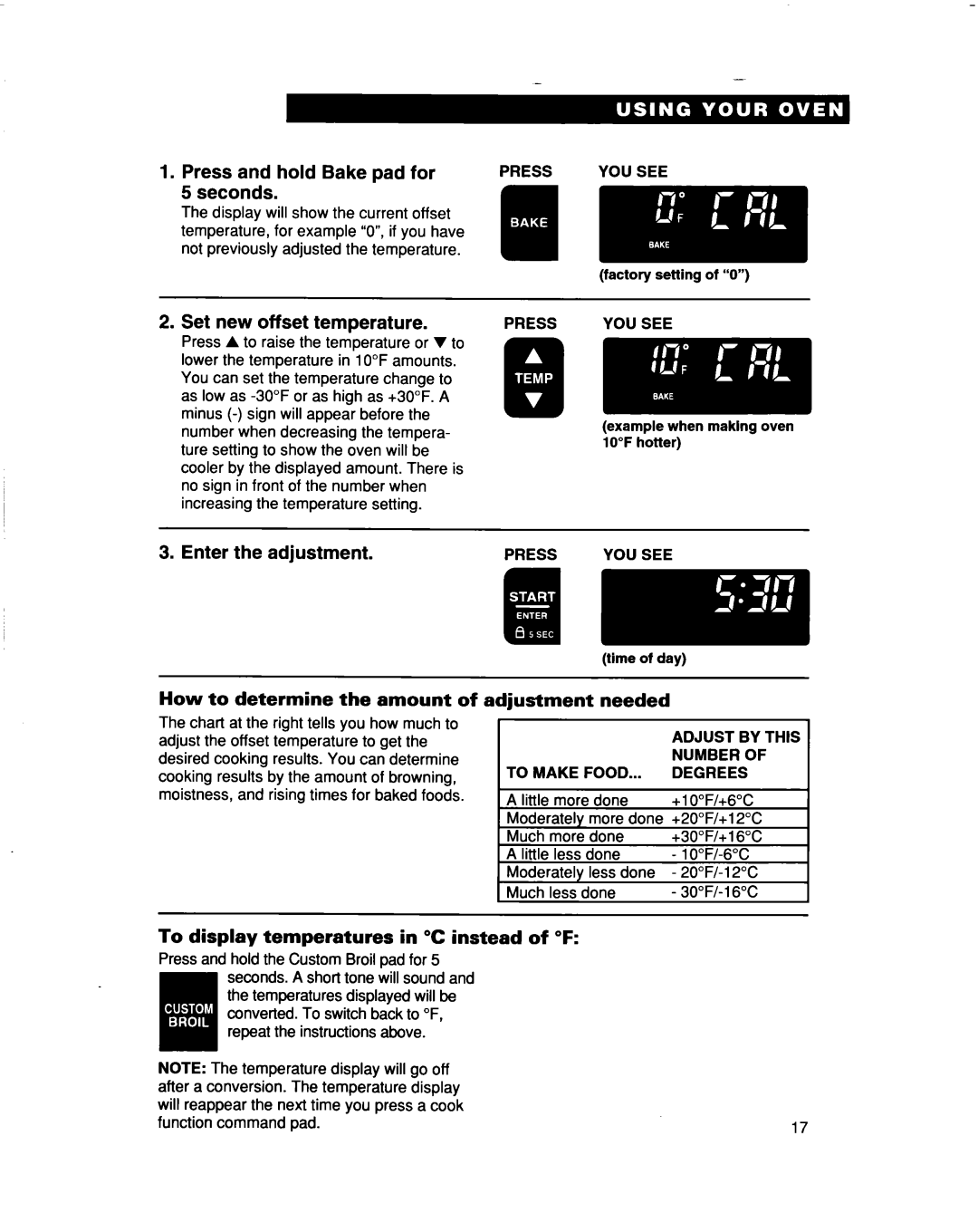 Whirlpool RBS277PD, RBS307PD, RBD307PD warranty Press and hold Bake pad for, Set new offset temperature, Enter the adjustment 