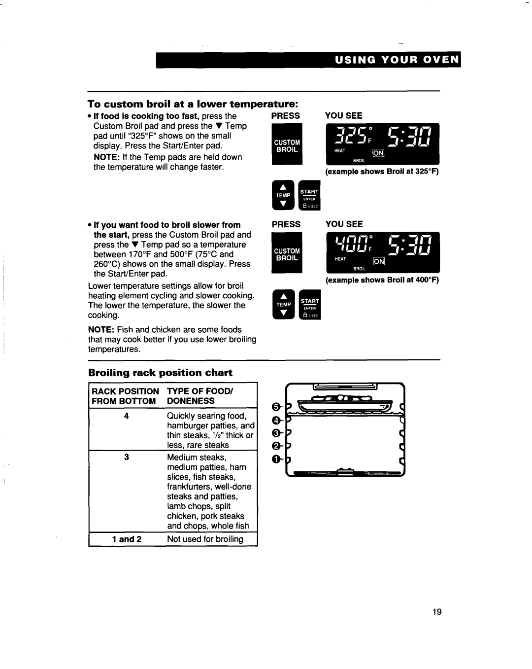 Whirlpool RBD277PD, RBS307PD, RBS277PD, RBD307PD warranty To custom broil at a lower temperature, Broiling rack position chart 