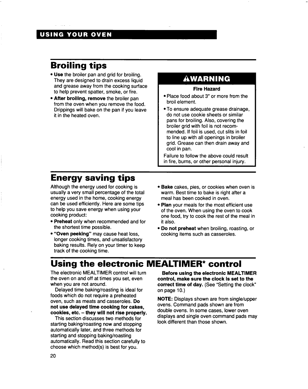 Whirlpool RBS307PD, RBS277PD Broiling tips, Energy saving tips, Using the electronic MEALTlMER* control, Fire Hazard 