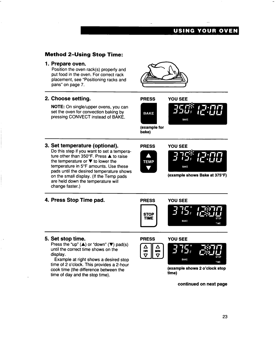 Whirlpool RBD277PD, RBS307PD, RBS277PD, RBD307PD warranty Press Stop Time pad Set stop time, Method 2-Using Stop Time 