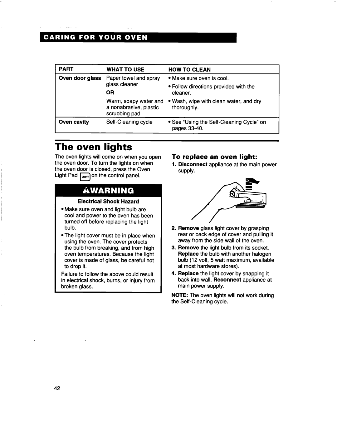 Whirlpool RBD307PD, RBS307PD, RBS277PD, RBD277PD Oven lights, To replace an oven light, Part, Oven door glass, Oven cavity 