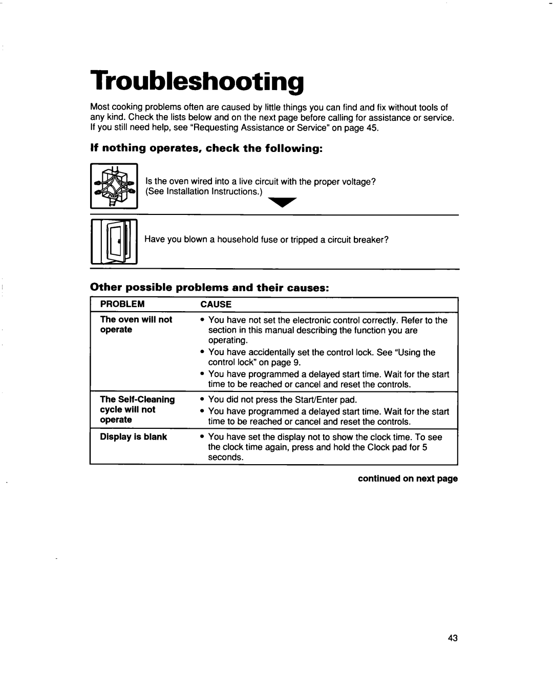 Whirlpool RBD277PD Troubleshooting, If nothing operates, check the following, Other possible problems and their causes 