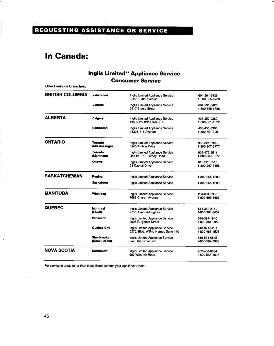 Whirlpool RBD307PD, RBS307PD, RBS277PD, RBD277PD warranty Canada, Lnglis Limited** Appliance Service Consumer Service 