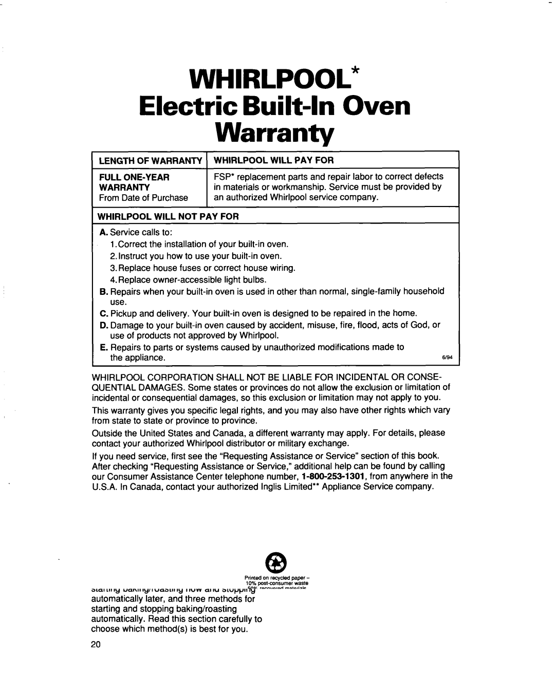 Whirlpool RBS307PD, RBS277PD Electric Built-In Oven Warranty, Length of Warranty 1 Whirlpool will PAY for Full ONE-YEAR 